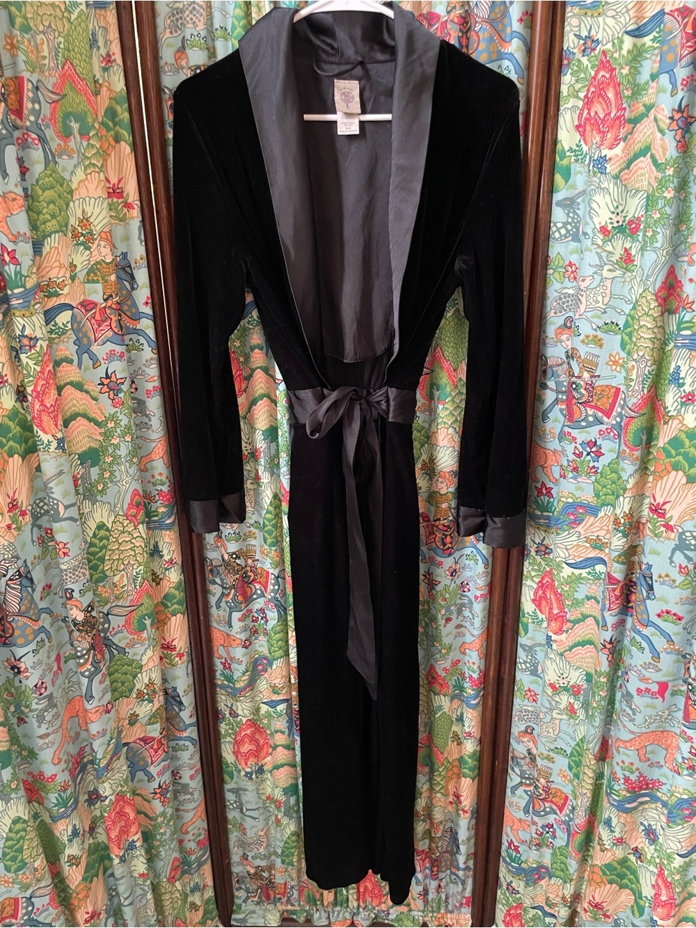 Long black velvet robe with satin trim
